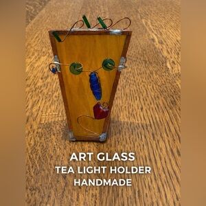 Handmade Stained Glass Tea Light Candle Holder Copper Wire Art Decor